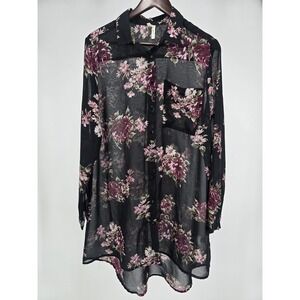 Truth NYC Tunic Blouse Womens Medium Black Sheer Mesh Floral Button Up Roll Tab